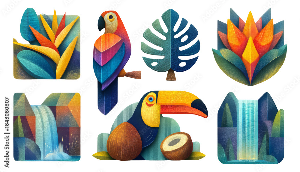 Fototapeta premium Colorful Jungle Illustrations Featuring Tropical Elements and Nature Craft Designs