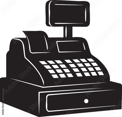 Black silhouette of a vintage cash register with receipt and keyboard machine retro