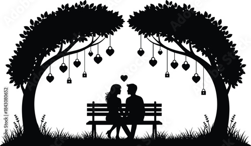 Silhouette couple on bench under love lock trees with heart decorations romance