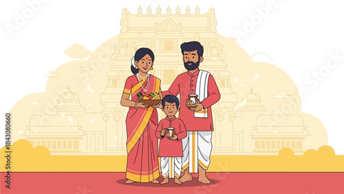 A heartwarming flat design vector illustration showing a multi-generational family celebrating Thaipusam, highlighting community and shared spiritual devotion