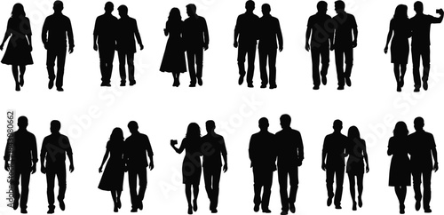 Vector set of walking pair silhouettes showing friendship, couple interaction, movement, body language, relationship, and human connection