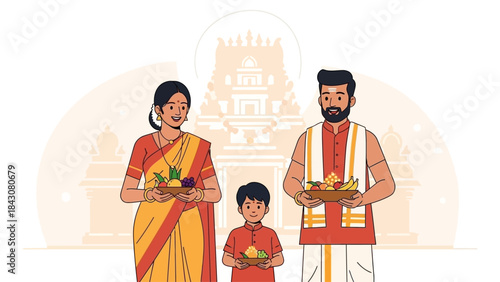 A heartwarming flat design vector illustration showing a multi-generational family celebrating Thaipusam, highlighting community and shared spiritual devotion