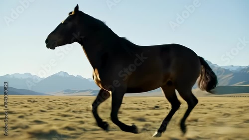 Wallpaper Mural Dark brown horse galloping freely across a golden grassy steppe with snow-capped mountains in the background, capturing wild nature and freedom. Torontodigital.ca