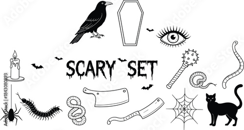 Black and white Halloween icons set with crow coffin candle spider cat vector