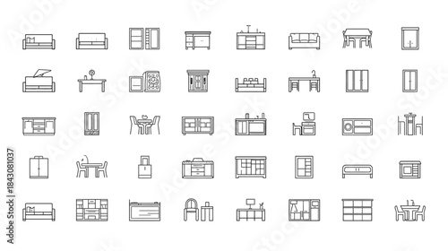 Collection of Line Art Icons Representing Various Furniture Pieces and Household Items for Interior Design and Home Decor