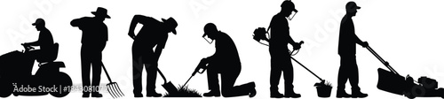 Gardening silhouette, lawn care, landscaping tools, yard work, mowing grass, digging soil, leaf blowing, vector illustration, black graphic, outdoor activity