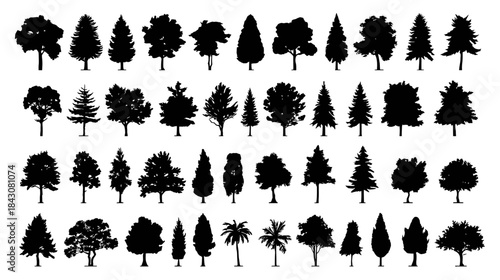 Diverse collection of tree silhouettes, showcasing a variety of natural forms and shapes for design projects