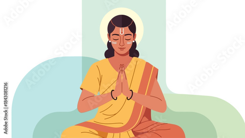This flat design vector illustration portrays a devotee in a serene prayer pose during Thaipusam, embodying deep spiritual devotion and contemplation