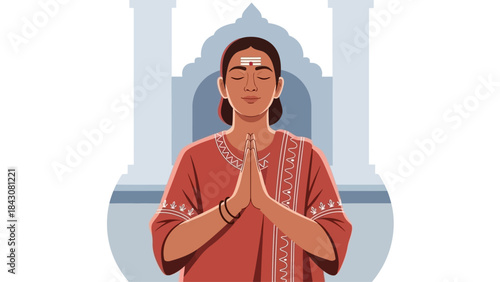 This flat design vector illustration portrays a devotee in a serene prayer pose during Thaipusam, embodying deep spiritual devotion and contemplation