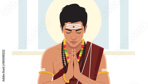 This flat design vector illustration portrays a devotee in a serene prayer pose during Thaipusam, embodying deep spiritual devotion and contemplation