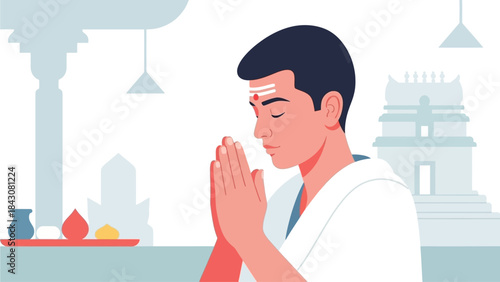 This flat design vector illustration portrays a devotee in a serene prayer pose during Thaipusam, embodying deep spiritual devotion and contemplation