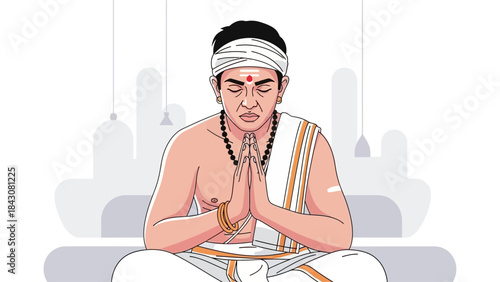 This flat design vector illustration portrays a devotee in a serene prayer pose during Thaipusam, embodying deep spiritual devotion and contemplation