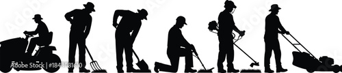 Lawn care silhouette, gardening tools, landscaping workers, mowing grass, digging soil, trimming edges, vector illustration, black graphic, outdoor maintenance, yard work