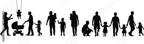 Parenting silhouette, adult with child, family bonding, baby care, stroller walk, swing push, emotional connection, nurturing moments, black vector illustration
