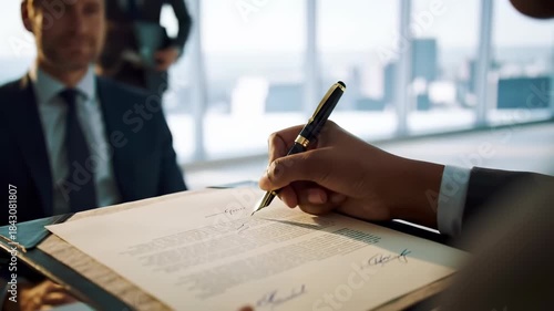 Close up of a professional hand signing a legal contract document with a fountain pen in a bright corporate office, finalizing a successful business deal.