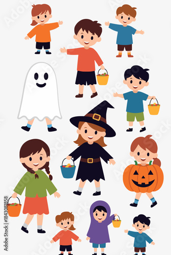 Adorable Young Kids Dressed Up for Halloween Fun and Trick-or-Treating Celebration