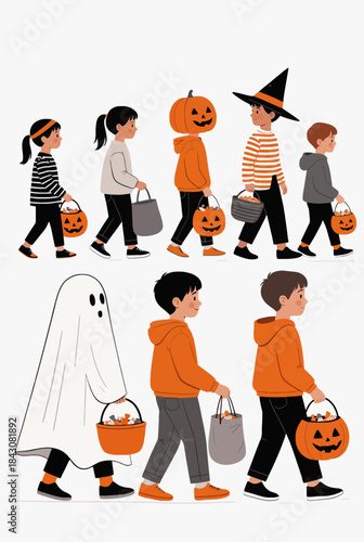 Children dressed as ghost and pumpkin trick or treating