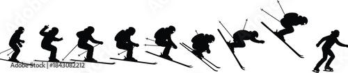 Ski jump silhouette, skier in motion, winter sport, athletic performance, snow action, vector illustration, helmet, poles, dynamic movement, landing
