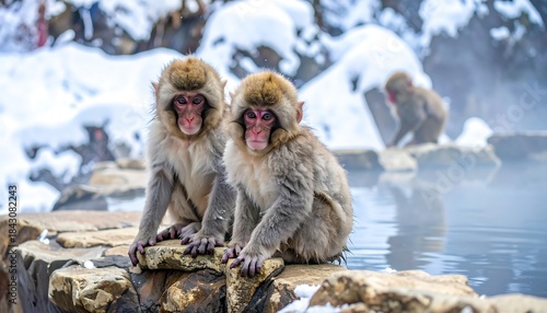 Two Japanese macaques in a snowy hot spring (1)