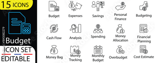 Budget line icon set. Containing budgeting, expense, presentation, revenue, spreadsheet, target, spending, accounting and more. Outline vector icons collection.