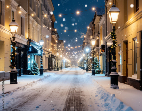 Wallpaper Mural Cozy winter street decorated for Christmas with festive lights, snow covered road, glowing lanterns and holiday atmosphere at night. Torontodigital.ca