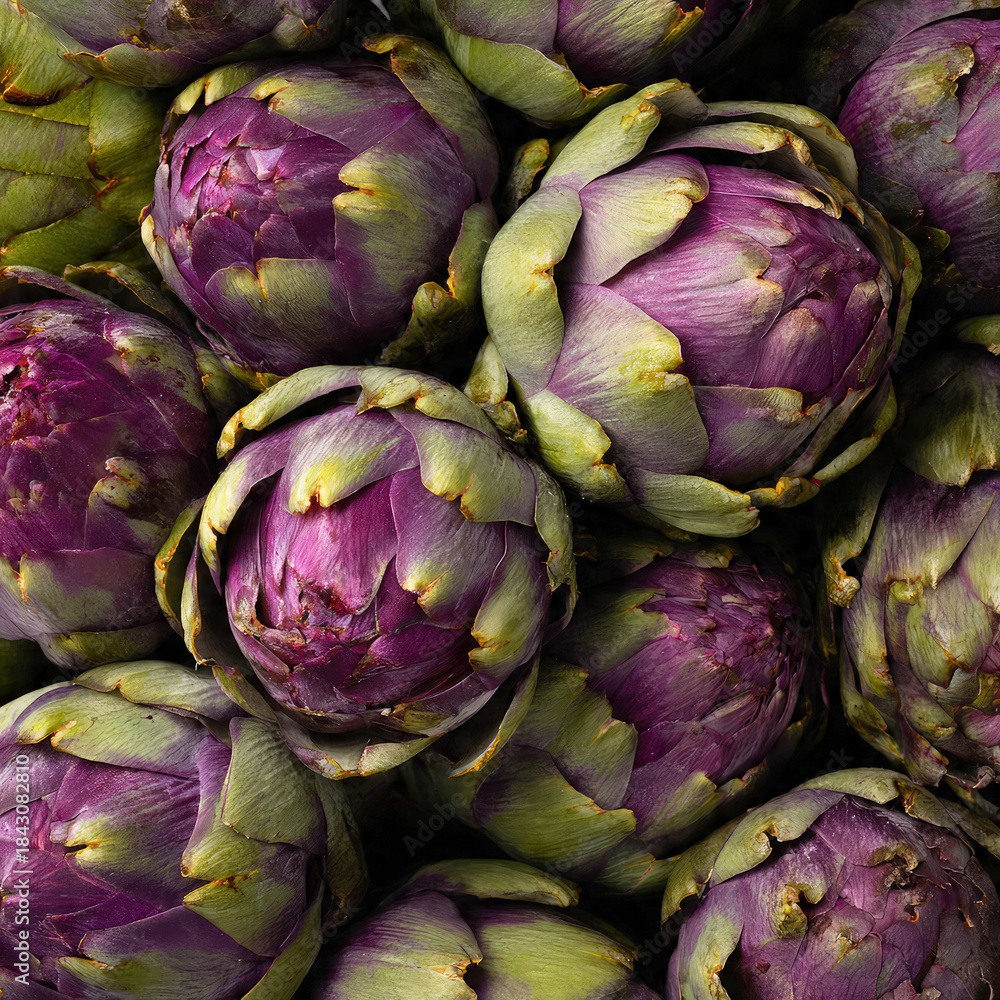 Obraz premium Close-up of whole artichokes highlighting detailed leaves and rich green tones. Perfect for food blogs, vegetable packaging, and farm-to-table concepts.