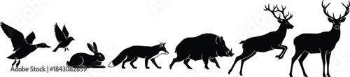 Wild animal silhouette, forest wildlife, flying birds, rabbit, fox, boar, deer, stag, nature vector, black graphic, biodiversity illustration