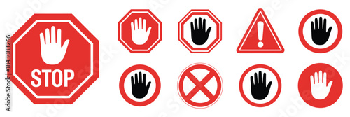 Alert red stop sign icon set, featuring hand and stop sign symbols, warning, attention, prohibition, and danger vector illustrations