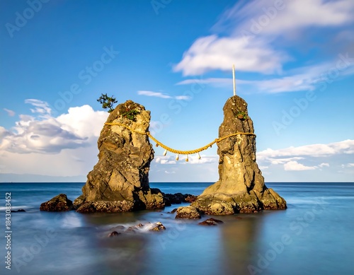 Two large rocks, a shrine-like rope bridge, and a serene ocean view