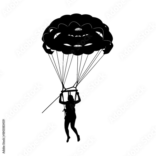 Black silhouette of a person parachuting with an open canopy against a white background.