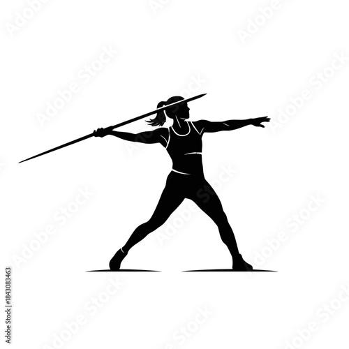 Silhouette of a female javelin thrower in a dynamic pose, preparing to launch the spear during an athletic competition.