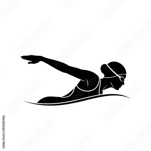 Black silhouette of a female swimmer in a streamlined position, wearing a cap and goggles, swimming freestyle.