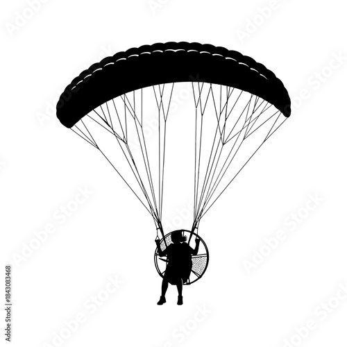 Black silhouette of a person flying a powered paraglider with a large canopy and engine, isolated on a white background.