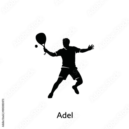 A black silhouette of a male athlete playing padel or tennis, in action with a racket and ball.