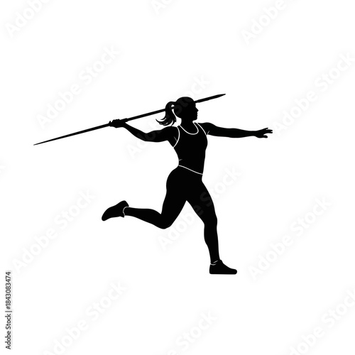 Silhouette of a female javelin thrower in action, preparing to launch the spear during a track and field event.