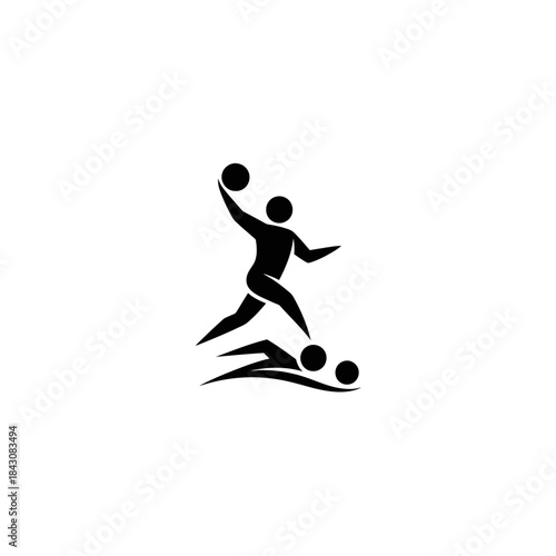 A black silhouette of a water polo player in action, holding a ball above their head, with three balls and a splash effect in the water below.