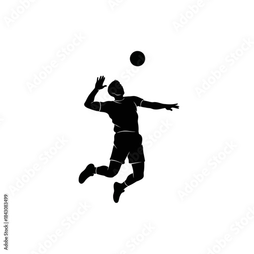 Silhouette of a male volleyball player jumping to spike the ball during a game, isolated on a white background.