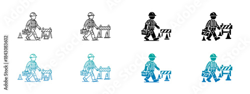 Construction Worker with Toolbox and Barrier Icon Set