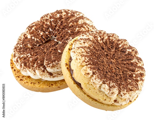 Two layered cookies with whipped cream and cocoa