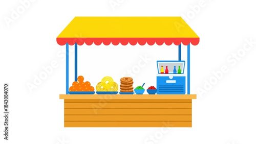 This flat design vector illustration captures the lively atmosphere of a Thaipusam food stall, showcasing traditional Indian snacks and drinks