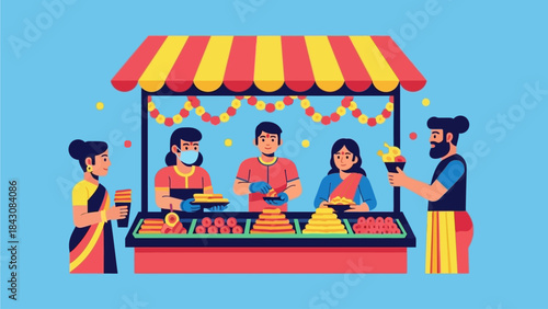 This flat design vector illustration captures the lively atmosphere of a Thaipusam food stall, showcasing traditional Indian snacks and drinks