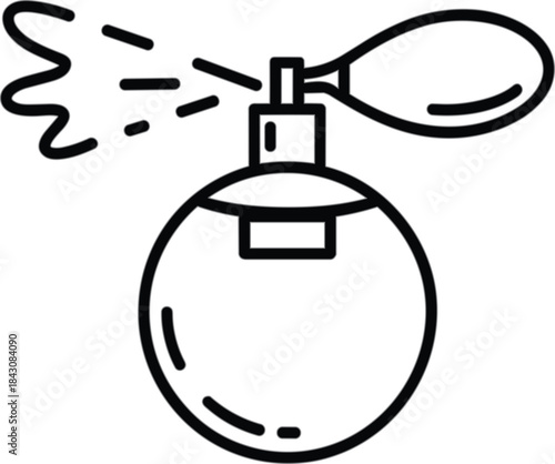 Vintage perfume bottle with atomizer illustration, spraying fragrance, elegant design, luxury cosmetic accessory, black and white vector graphic