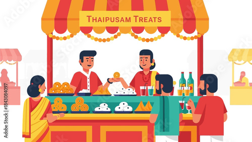 This flat design vector illustration captures the lively atmosphere of a Thaipusam food stall, showcasing traditional Indian snacks and drinks