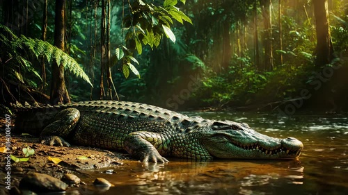 A realistic crocodile rests on a jungle riverbank in a lush and verdant rainforest with cinematic lighting
