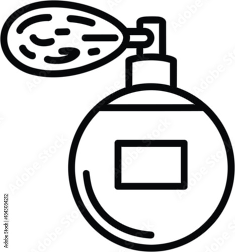 Perfume bottle with spray nozzle illustration, fragrance mist, cosmetic accessory design, elegant fashion symbol, black and white vector graphic