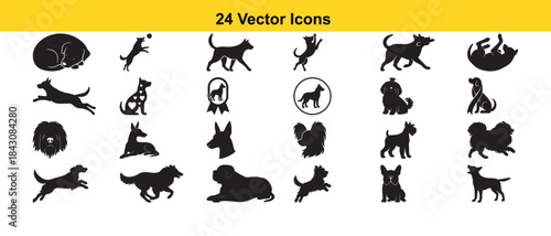 Collection of twenty four black silhouette vector icons depicting various dogs and a cat