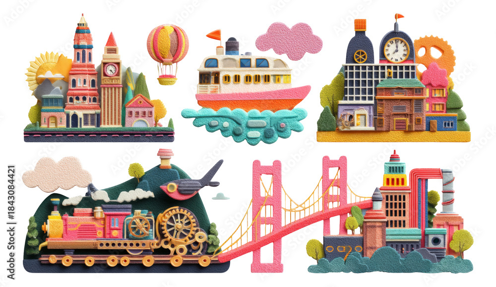 Obraz premium Enchanted Steampunk Cityscape in Isolated Transparent Background with Whimsical Elements