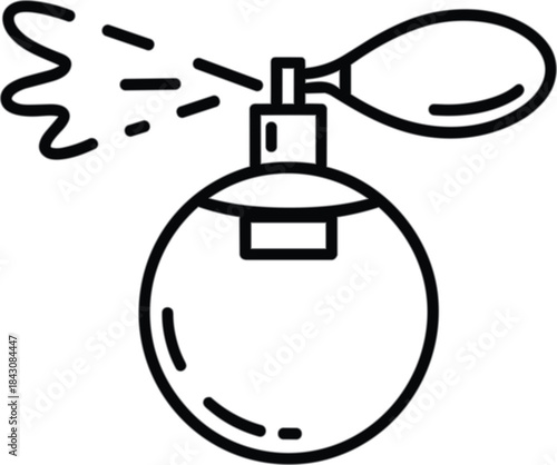 Vintage perfume bottle with bulb atomizer illustration, spraying fragrance mist, elegant cosmetic accessory, luxury fashion design, black and white vector