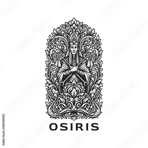 Egyptian God Osiris illustration with crook and flail surrounded by ornate floral ornament in traditional engraving style