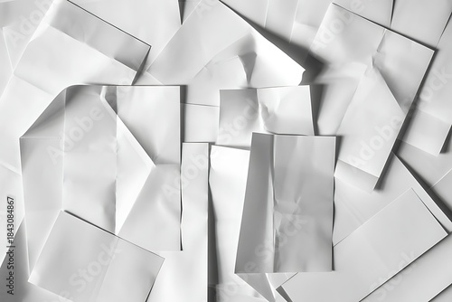 Abstract arrangement of crumpled white paper creating a textured monochromatic background pattern